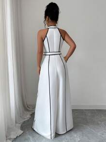 Elenzga Women's New Spring/Summer French Striped Retro Sleeveless V-Neck High-End Fashion White & Black Contrast Color Digital Print Zip-Up Waist Belt Wide Leg Jumpsuit, Elegant For Work Or Casual - Black and White - View 2