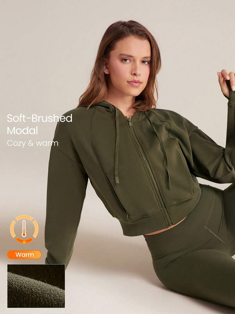 GLOWMODE Modal Fleece Power Zip Side Pockets Hoodie Long Sleeve Sweater With Thumbholes Daily Casual