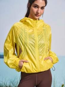 In My Nature Chaqueta de lluvia con capucha de manga larga y cremallera frontal de color contrastante para mujer, chaqueta casual de bloqueo de color para senderismo al aire libre, chaqueta para correr, chaqueta cortavientos de protección solar, chaqueta ligera, chaqueta de color amarillo y marrón, chaqueta de activewear, bloqueo de color, chaquetas de color contrastante, chaquetas protectoras contra el sol, chaquetas protectoras UV, a prueba de sol, verano, otoño, chaquetas de senderismo al aire libre, chaquetas transpirables, chaquetas translúcidas, chaqueta fluorescente amarilla - Amarillo - Ver 1