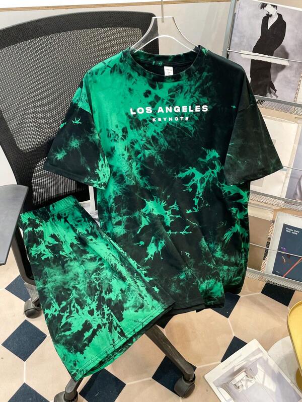 SHEIN 2 Pcs Teen Boy's Casual Letter Tie-Dye Print T-Shirt And Shorts 2 Pieces Set,Spring Wear