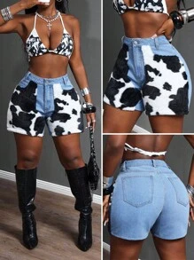 Slaydiva 女式夏季休闲仿皮草奶牛印花拼接口袋牛仔短裤 - 淺色水洗藍 - 查看 1