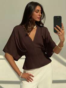 Aloruh 优雅纯色套头短袖简约宽松夏季衬衫，后背蝴蝶结领带，适合办公室和通勤 - 咖啡棕 - 查看 7