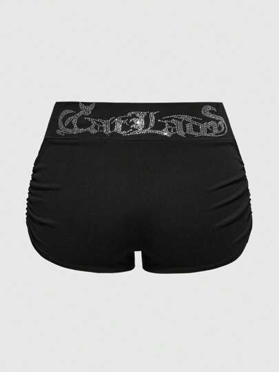 J-Fashion Plus Size Women's Letter Rhinestone Pleated Short Leggings