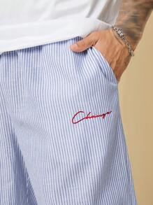 EASEVO Quần dài thêu chữ kẻ sọc dọc thường ngày cỡ lớn cho nam - Màu xanh lam - Xem 2