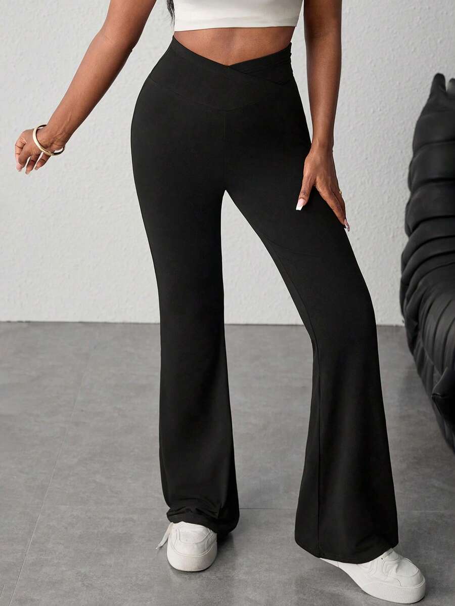 SHEIN Teen Girls' Simple Solid Black High-Waisted Flared Pants For Home, Casual, Outdoor Sports Fall Winter