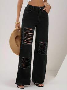 EMERY ROSE Women's Pocket Ripped Flare Loose Casual Versatile Jeans