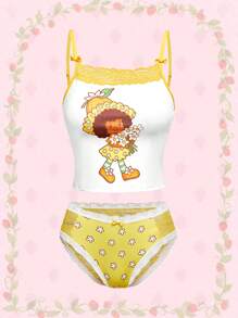 Strawberry Shortcake | ROMWE Bộ áo ngực và quần lót không dây họa tiết hoạt hình ren tương phản dành cho nữ - Nhiều màu - Xem 1