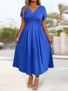EMERY ROSE Halloween Women's Elegant Cable Twist Knot Dress, Casual & Commuting, A-Line Silhouette, Flattering, Slimming Blue Dress Women V-Neck Blue Dress - Royal Blue - View 5
