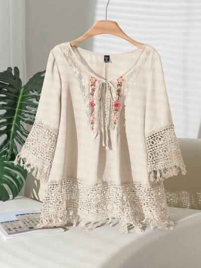 CosyJoli Plus Size Women Floral Print Contrast Lace Front Tie Casual Shirt,Slightly Sheer,Going Out Tops Spring To Summer