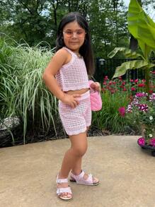 SHEIN Pink Hollow-Out Knit Top And Shorts Set For Young Girl - Pink - View 5