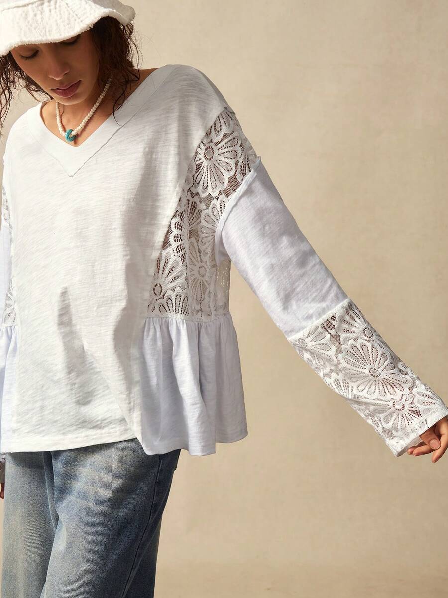 Bohemela 休闲纯色针织蕾丝花边V领落肩长袖女式上衣 - 白色 - 查看 1