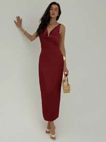 Aloruh 女式纯色垂坠领露背性感吊带裙 - 酒紅色 - 查看 9