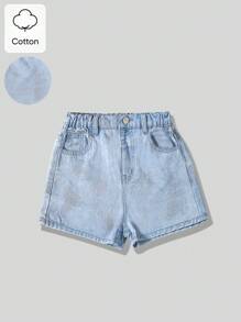 Tween GirlsSilver Foil Brushed American Style A-Line Denim Slim Fit Shorts, Summer - Light Wash - View 1