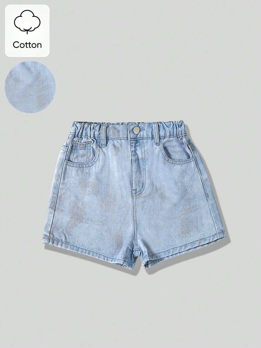 Tween GirlsSilver Foil Brushed American Style A-Line Denim Slim Fit Shorts, Summer - Light Wash - View 1
