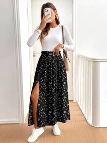 SHEIN Frenchy Women's Casual Holiday High Slit Flare Hem Skirt, Ditsy Floral Pattern, Suitable For Summer Chic Dress - Multicolor - View 4