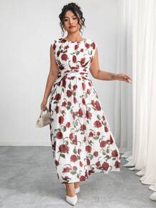 Modelyn Plus Size Women Floral Print Waist Crossed Elegant Dress - Multicolor - View 5