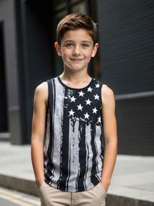 SHEIN 青少年男孩休闲美国国旗独立日酷童星图案宽松针织背心，适合通勤、上学、日常休闲装、运动装、春夏季 - 黑色 - 查看 1