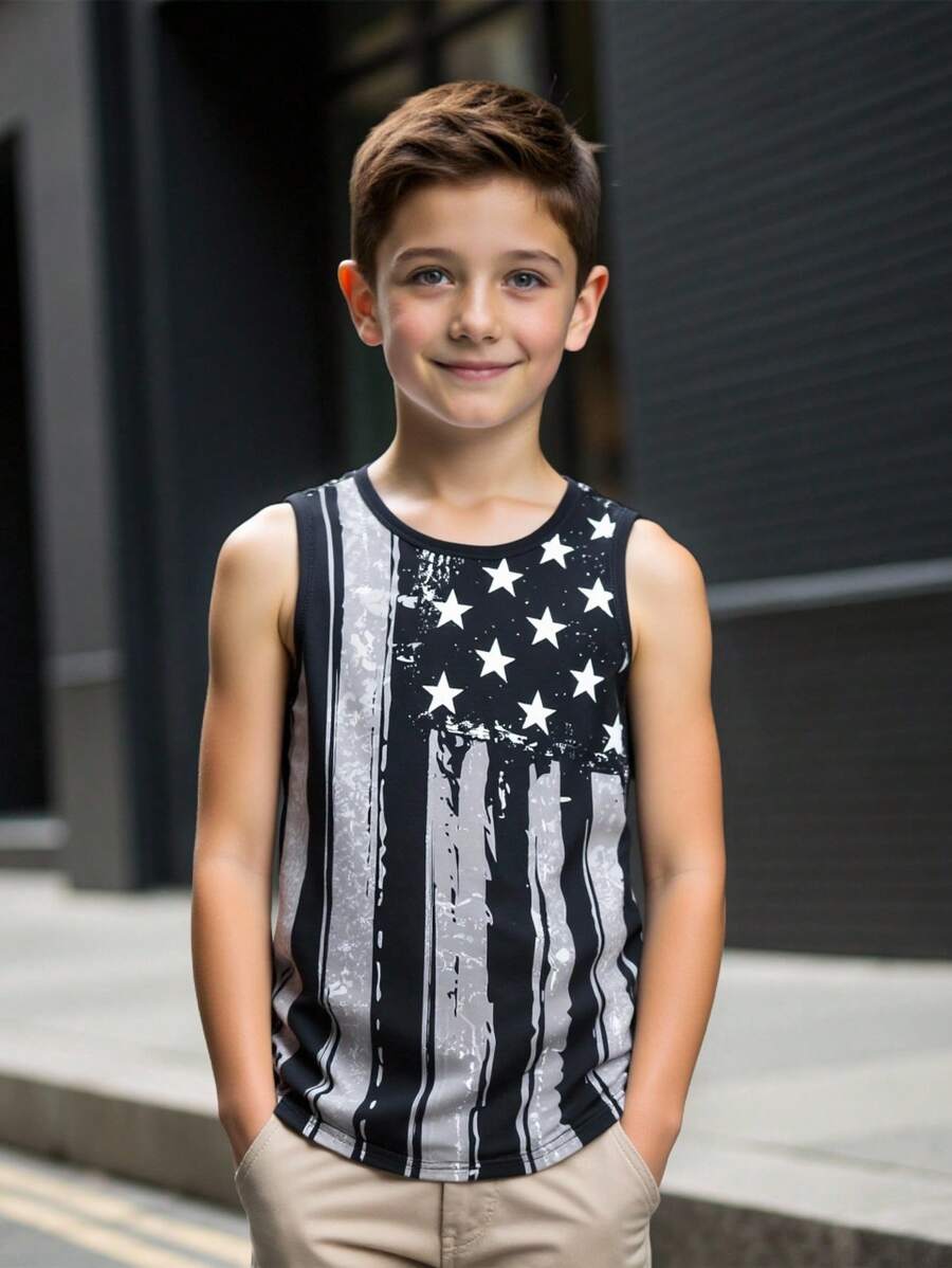 SHEIN 青少年男孩休闲美国国旗独立日酷童星图案宽松针织背心，适合通勤、上学、日常休闲装、运动装、春夏季 - 黑色 - 查看 1