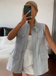 Livesso Chaqueta de utilidad con cuello alto, sin mangas y cintura ceñida para mujer, ropa de vuelta al colegio tipo chaleco