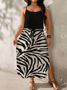 SHEIN LUNE Plus Size Animal Print Summer Dress,Sun Dresses For Women,Sundress Chic Dress - Black and White - View 4