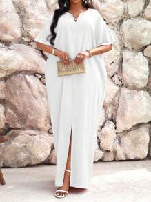 SHEIN Lady 秋冬工作绿色缺口蝙蝠袖长袍连衣裙加大码连衣裙度假装女士沙滩装女士海滩度假沙滩裙婚礼宾客礼服女士商务休闲女士舞会礼服 - 白色 - 查看 6