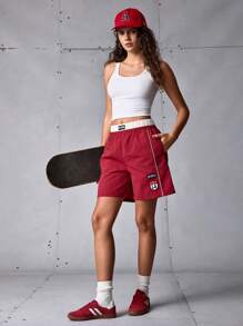SHEIN Sports Pantaloni scurți sport casual cu autocolante simple pentru femei, pentru antrenament atletic - roșu - Vizualizare 3