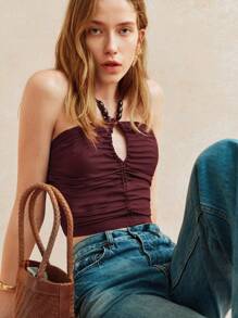 Écloséra Top halter con tirantes de estilo retro francés, plisado, con cordón, de madera y cuentas, para vacaciones de primavera y verano, nuevo y sexy, con espalda descubierta para damas - Óxido marrón - Ver 3
