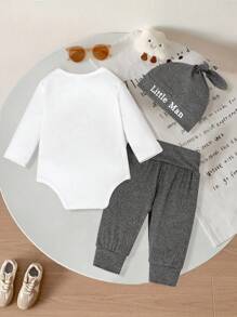 SHEIN Playful Pals Genkimix 新生儿英文字母长袖连体衣+蝴蝶结腰带裤+可爱帽子三件套，秋冬休闲套装