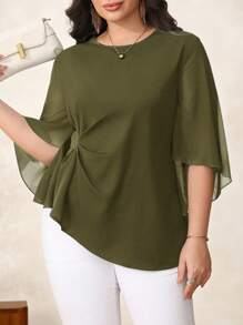 SHEIN Clasi Blus Kasual Lengan Lebar Warna Polos Elegan Ukuran Besar, Cocok untuk Guru Wanita di Musim Gugur - Hijau Tentara - View 5