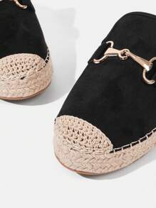 Styleloop Women's Fashion Black Metal Horse Bit Slip-On Mules, Linen Rope Toe, Flat Casual Loafers Suitable For Commuting, Vacation And Shopping