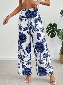 SHEIN Privé Women's Elegant Commute & Casual Vacation Blue & White Floral Print High Waist Palazzo Pants - Blue and White - View 5