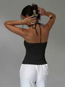 Aloruh Áo yếm hở lưng thời trang mùa hè màu trơn nhún bèo bất đối xứng cho nữ - màu đen - Xem 3