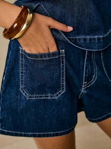 Poéselle 女式夏季圆领无袖上衣和牛仔短裤套装 - 中等水洗藍 - 查看 3