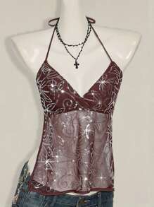 SHEIN ICON Women's Sexy Y2K Sequin Mesh Open Back Halter Neck Top - Coffee Brown - View 7