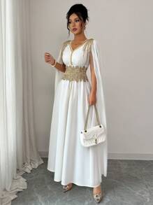 Elenzga Women's Elegant Lace Trim Poncho Sleeve Dress Fall Cloth For Women - White - View 4