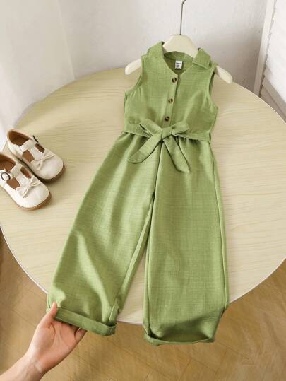 Genkimix Kids Girls' Casual Vacation All-Match Collared Button-Up Belted Soft Crinkle Denim Look Jumpsuit Pants, Suitable For Autumn, Picnics, Outings, Matching Outfits, And Daily Wear