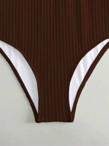 SHEIN Swim Women's Vacation Wave Striped Halter Neck One-Piece Swimsuit, Ribbon Tied At Random For Summer - Brown - View 3