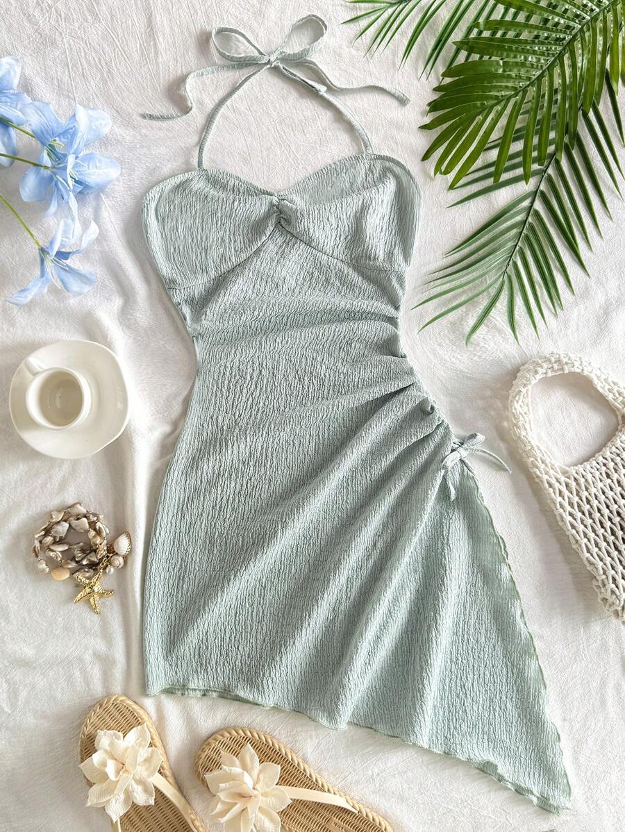 Tween Girl Vacation Mini Dress Holiday Halter Neck Drawstring Texture Fabric Asymmetrical Hem Dress,Summer