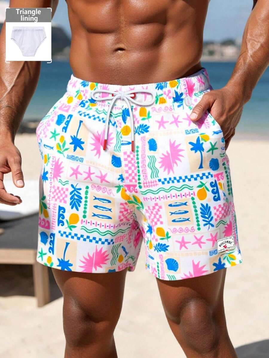 Surfspeed Men's Vacation Casual Tropical Print Beach Shorts - Pink - View 1