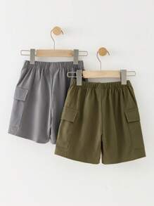2 Piezas Niño Pantalones cortos cargo sueltos de malla tejida de color simple y versátil, Compre uno y llévese otro gratis, Adecuado para la temporada de primavera y verano - Multicolor - Ver 5