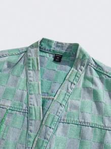 ROMWE MEN Anime 男士棋盘格印花打结口袋休闲短袖牛仔衬衫 - 綠色 - 查看 4