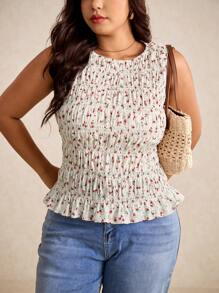 Elaquor 大码女式碎花荷叶边下摆圆领背心