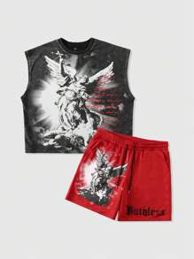 ROMWE MEN Street Life Men's Streetstyle Graphic Print Washed Tank Top Set - Black - View 1