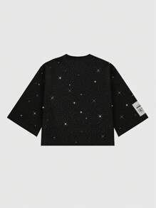 ROMWE MEN Street Life 男士水钻刺绣T恤，七分袖 - 黑色 - 查看 3