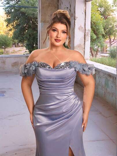 Glamrae 加大码优雅浪漫深灰色甜心领 3D 花卉装饰，奢华亮片贴片弹力缎面高开叉鱼尾下摆礼服，正式晚礼服