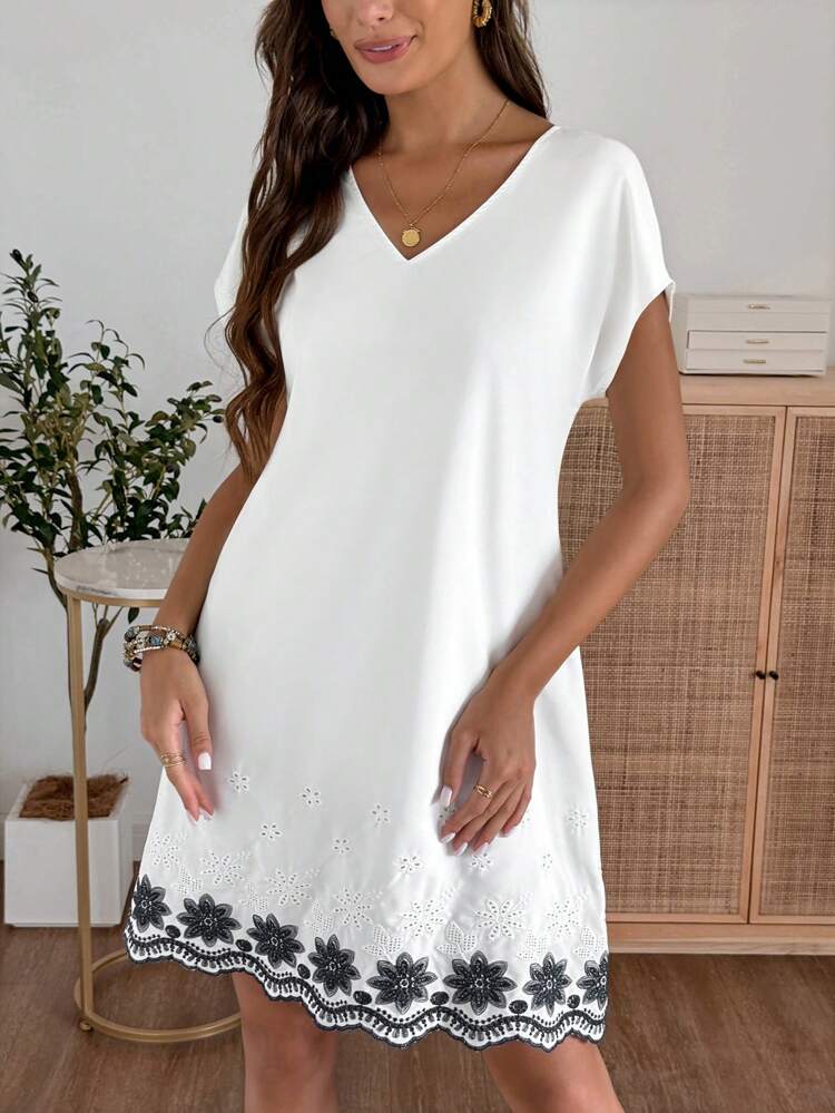 Women's Summer Embroidered V-Neck Hollow Out Dress Summer Dresses For Women White Dress Vacation Dress