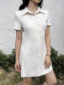 SHEIN Đầm xếp ly tay ngắn cổ bẻ đơn giản thoải mái cho bé gái tuổi teen - Màu be - Xem 3