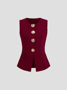 Sweetra Sleeveless Women Business Suit Sets With Big Metal Buttons Vest And Long Skirt For Spring And Summer - Burgundy - View 3