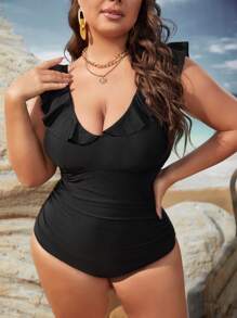 Swim Lushoire Summer Beach Plus Ruched Ruffle Trim One Piece Swimsuit - Black - View 3