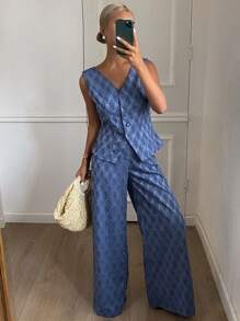 Livesso 女式无袖 V 领高腰背心上衣和宽松休闲长裤两件套，纹理牛仔材质，夏季